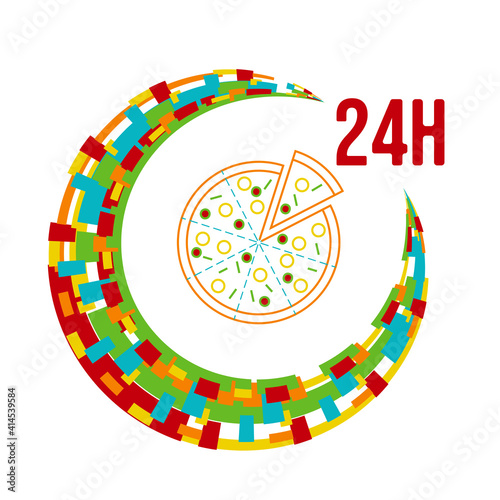 colorful 24h around the clock pizza delivery icon. Vector illustration