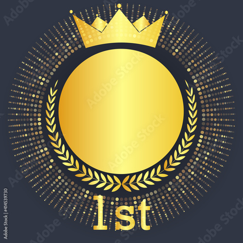 1st place winner avatar medal icon concept with golden crown and laurel. Vector illustration
