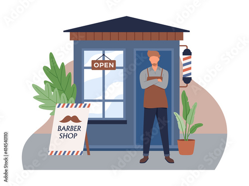 Man with the haircut business. Barber stand in front of a haircut shop. Small business and self-employment concept with a man standing at the entrance to his barber shop. Vector in a flat style