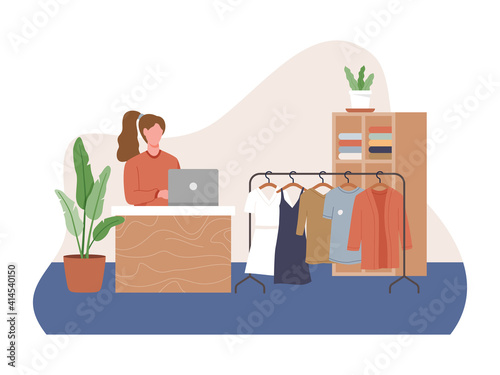 Fashion clothing store. Clothing store interior, Female clothes shopping with store interior. Small business concept, self-employment of a woman cashier in her clothing shop. Vector flat style