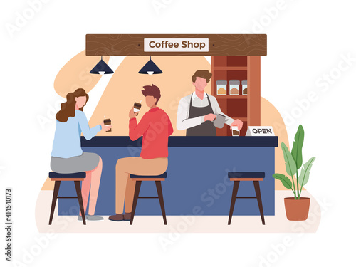 Coffee shop vector concept. Small business and self-employment concept, Barista makes coffee. Drinking coffee and talking. Illustration of Coffee shop owner, People in cozy cafe. Vector in flat style