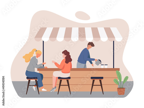 Coffee shop vector concept. Small business and self-employment concept, Barista makes coffee. Drinking coffee and talking. Illustration of Coffee shop owner, People in cozy cafe. Vector in flat style