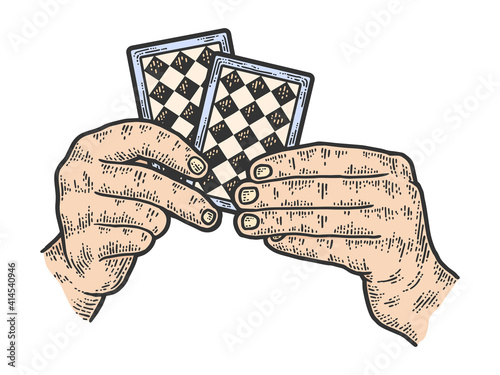 A sharpie holds two cards in his hands. Scratch board imitation.