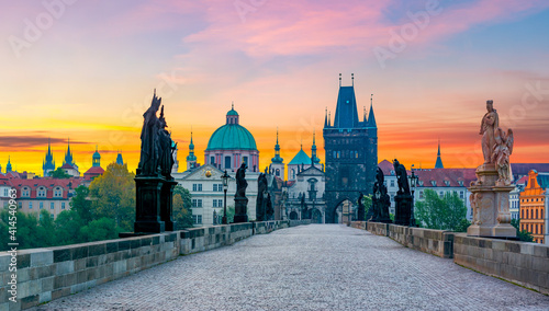 Charles Bridge (Karluv Most) and Prague architecture at sunrise, Czech Republic