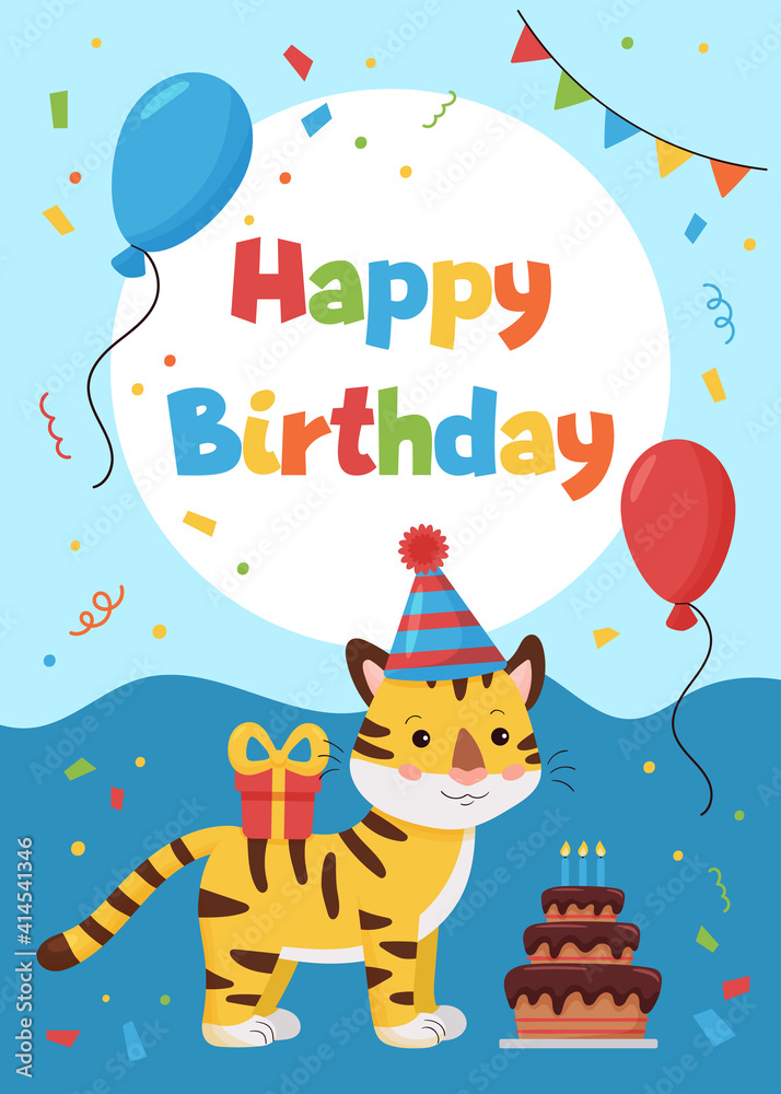 Greeting card with tiger, gift and balloon. Ideal for print postcards, poster, cards and invitations. Jungle animals.