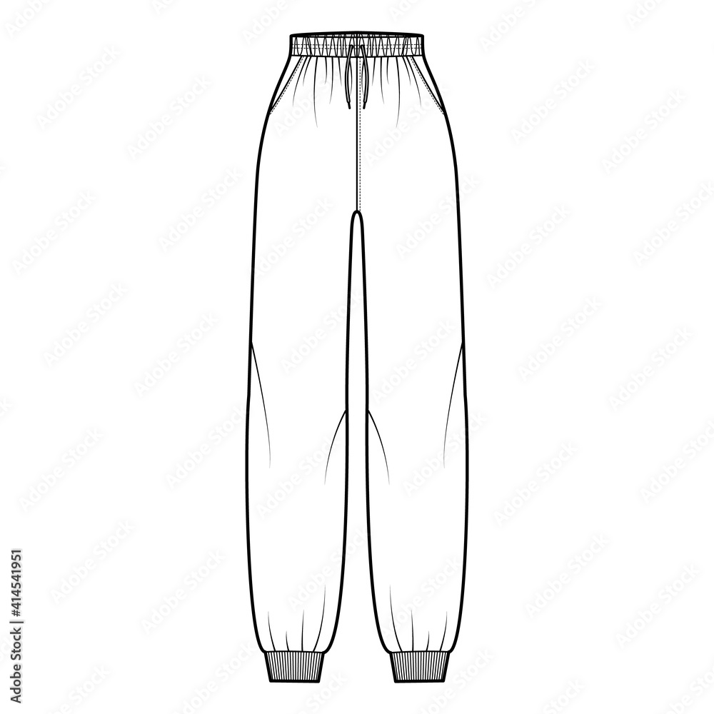 Sweatpants technical fashion illustration with elastic cuffs, normal waist, high rise, drawstrings. Flat knit training trousers apparel template front, white color. Women men unisex CAD mockup Sweatpants technical fashion illustration with elastic cuffs, normal waist, high rise, drawstrings. Flat knit training trousers apparel template front, white color. Women men unisex CAD mockup