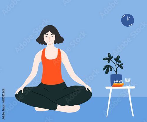 Young girl meditating in crossed legs pose on floor in blue room. Mindfulness practice at home for stress relief. Woman in lotus asana, yoga practicing vector illustration