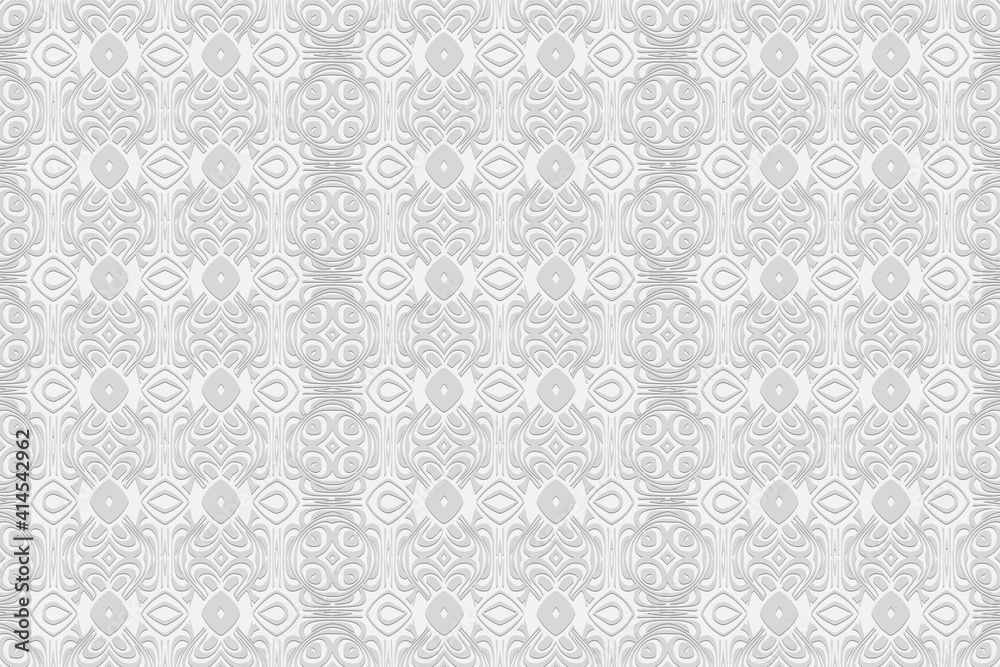 Geometric convex volumetric 3D texture from ethnic pattern in the style of Indian doodling. Embossed artistic white background for presentations, wallpapers, websites.