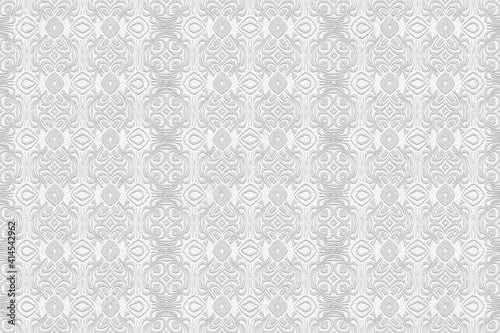 Geometric convex volumetric 3D texture from ethnic pattern in the style of Indian doodling. Embossed artistic white background for presentations, wallpapers, websites.