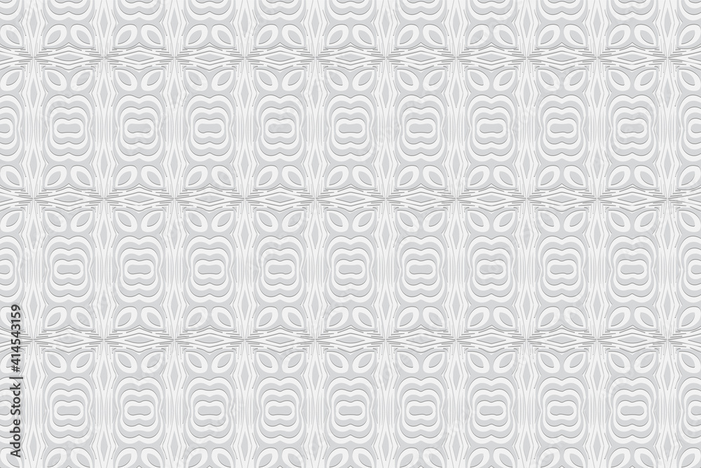Geometric convex volumetric 3D texture from an ethnic pattern in the style of the peoples of India. Embossed white background. Openwork ornament for design and decor, wallpaper.