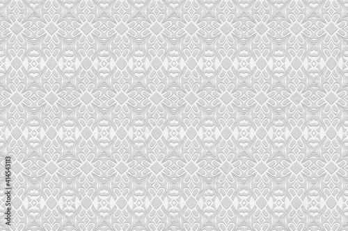 Geometric convex artistic volumetric 3D texture from an ethnic pattern in the style of the peoples of India. Embossed white background. Ornament for design and decor, wallpaper.