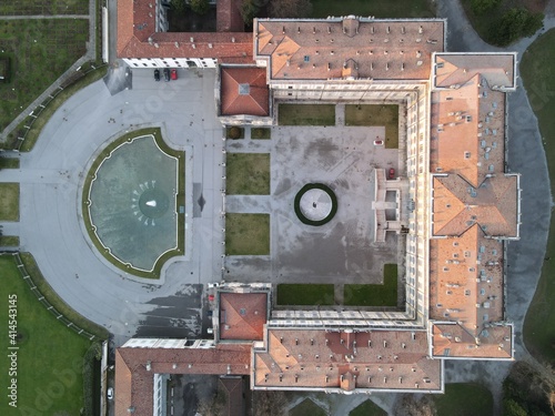Aerial view of facade of the elegant Villa Reale in Monza, Lombardy, north Italy. Drone photography in Italy of the amazin Royal Palace of Monza. photo