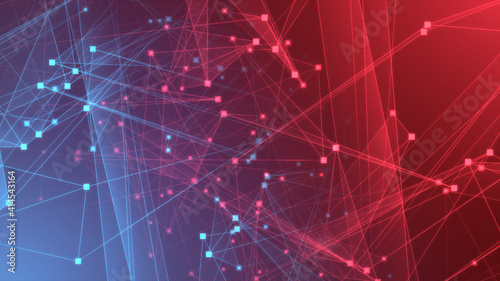Abstract red blue polygon tech network with connect technology background. Abstract dots and lines texture background. 3d rendering.