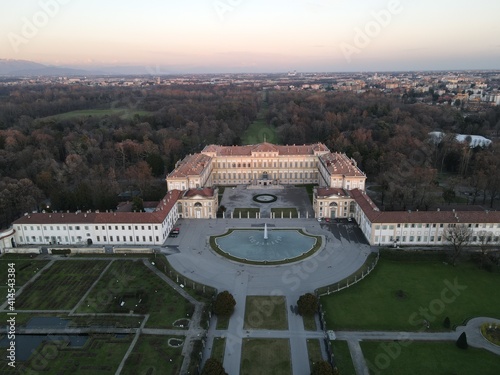 Aerial view of facade of the elegant Villa Reale in Monza, Lombardy, north Italy. Drone photography in Italy of the amazin Royal Palace of Monza. photo