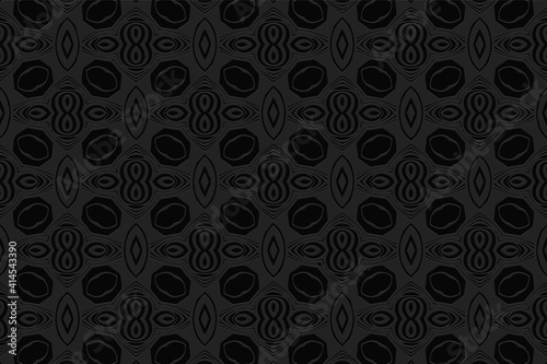 Geometric convex volumetric 3D texture from an ethnic pattern. African embossed black background for wallpaper, presentations.