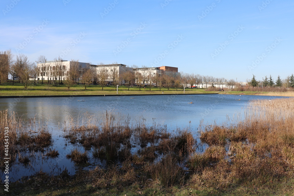 Lac artificiel, bassin de rétention, ville de Saint Priest, département du Rhône, France