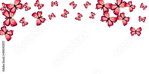 Fototapeta Naklejka Na Ścianę i Meble -  Tropical red butterflies flying vector background. Spring cute moths. Detailed butterflies flying baby illustration. Gentle wings insects graphic design. Tropical creatures.