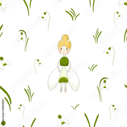 Seamless pattern with spring fairy and snowdrops flowers. Spring and floral texture with fairytail character. White and transparent backgrounds.