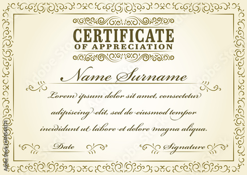 A4 size certificate of appreciation vector design with vintage style frame and swirl decoration elements. This retro certificate template can be used as coupon, award winner template and invitation.