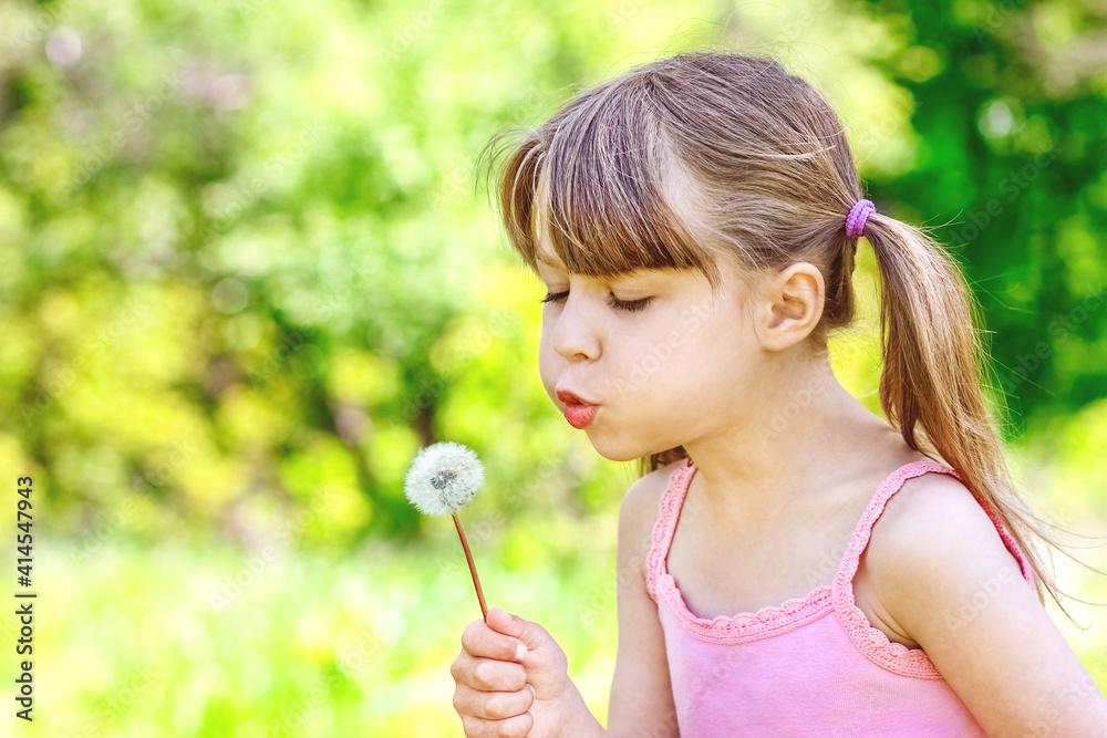 happy child playing and blowing dandelion in nature happy child playing and blowing dandelion in nature
