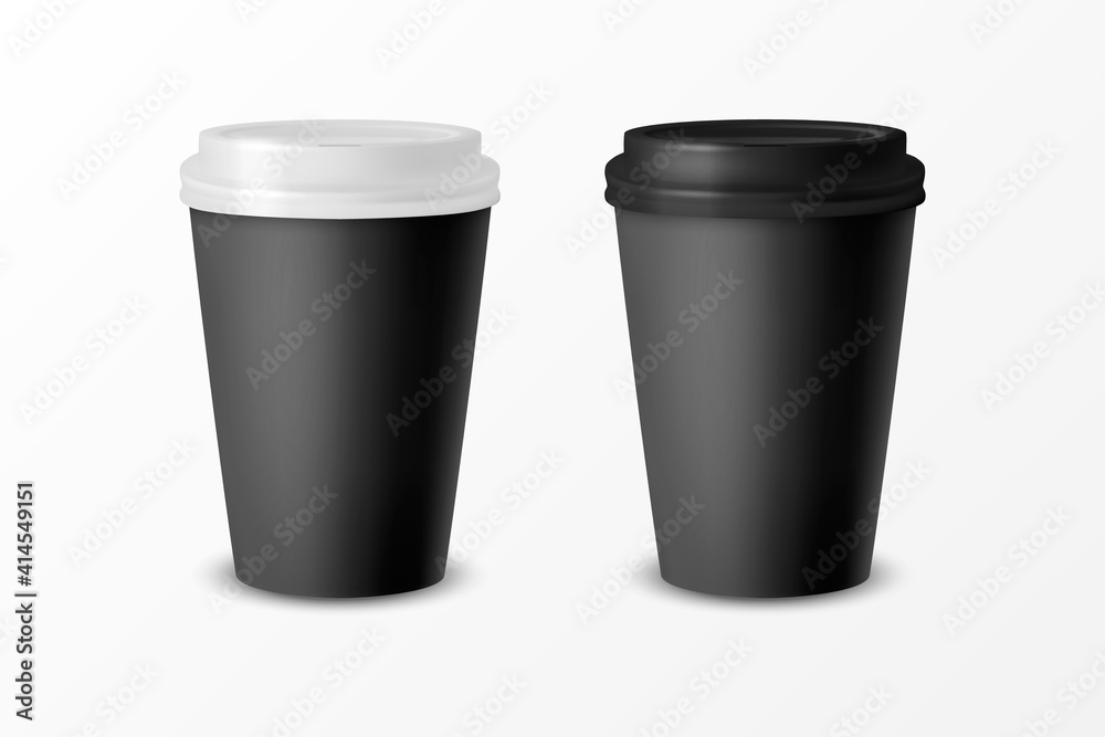 Vector 3d Realistic Black Paper Disposable Cup with White and Black Lid Set Isolated on White Background. Stock Vector Illustration. Design Template. Front View Vector 3d Realistic Black Paper Disposable Cup with White and Black Lid Set Isolated on White Background. Stock Vector Illustration. Design Template. Front View