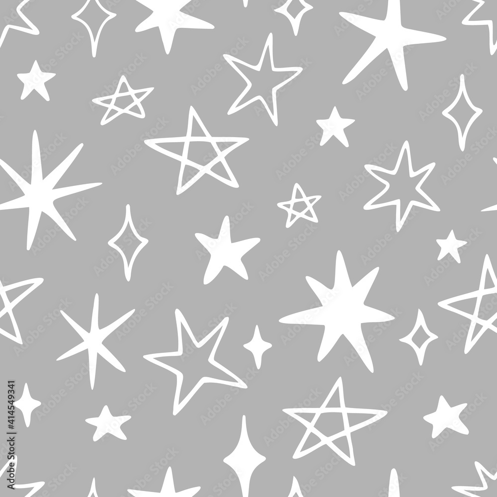 Vector seamless pattern with cute stars and sparkles. Hand drawn, doodle style. Design for fabric, wrapping, stationery, wallpaper, textile. Vector seamless pattern with cute stars and sparkles. Hand drawn, doodle style. Design for fabric, wrapping, stationery, wallpaper, textile.
