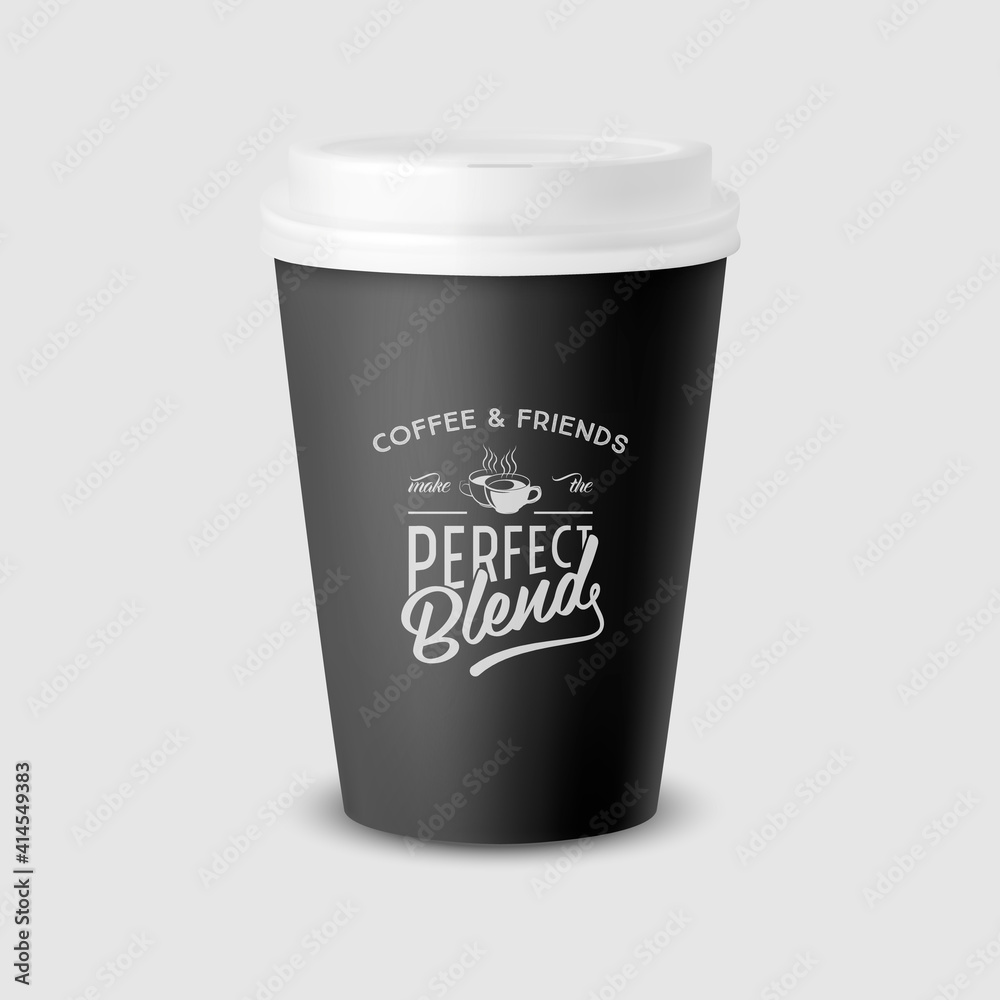Vector 3d Realistic Black Paper Disposable Cup with White Lid Isolated on White Background. Typography Quote, Phrase about Coffee. Stock Vector Illustration. Design Template. Front View Vector 3d Realistic Black Paper Disposable Cup with White Lid Isolated on White Background. Typography Quote, Phrase about Coffee. Stock Vector Illustration. Design Template. Front View