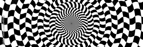 Vector illustration of checkered pattern with optical illusion. Op art abstract background. Long horizontal banner.
