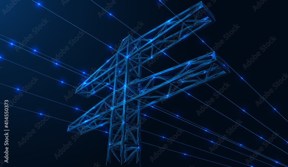 High-voltage power line. The tower with its lines of electric current. A low-poly construction of lines and dots. Blue background. - obrazy, fototapety, plakaty 