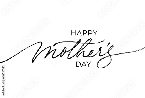 Happy Mother's Day elegant lettering with swooshes. Calligraphy vector text in linear style. Modern line calligraphy isolated on white background. Black ink illustration. Holiday lettering.