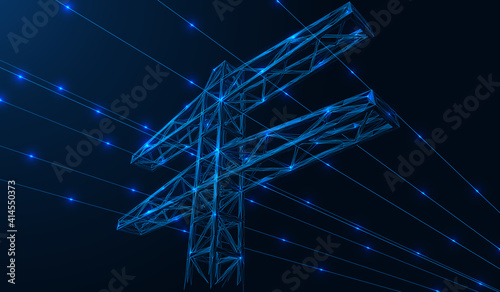 High-voltage power line. The tower with its lines of electric current. A low-poly construction of lines and dots. Blue background.