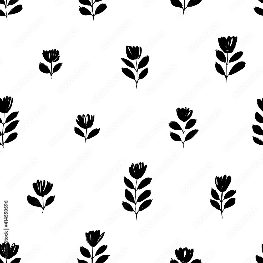 Small black brush flower vector seamless pattern. Hand drawn abstract botanical ink illustration. Chamomile or daisy branches painted by brush. Doodles for fabric, wrapping paper, wallpaper
