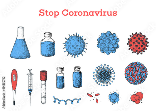 Coronavirus vaccine vector set. Corona virus. Coronavirus 2019-nCoV. Illustrations with syringe injection tools, vaccine bottle, and different viruses. Vintage medical sketches