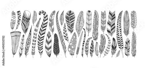 Hand drawn rustic ethnic decorative feathers. Tribal bird feathers collection. Vector ink illustration isolated on white background. Black and white geometric ornament, graphic design element.