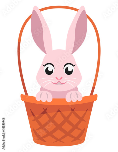 Easter bunny peeking out of basket. Cute character in cartoon style