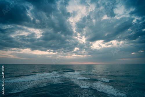 Ocean Dramatic Seascape Panorama in cloudy day, endless sea view till horizon.