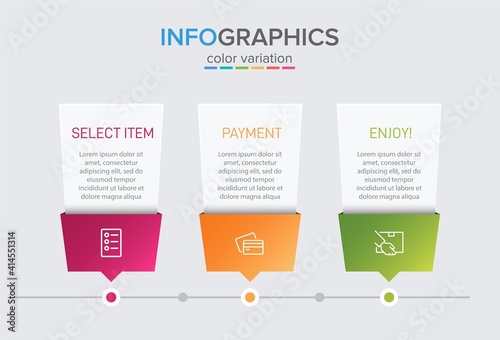 Concept of shopping process with 3 successive steps. Three colorful graphic elements. Timeline design for brochure, presentation, web site. Infographic design layout.