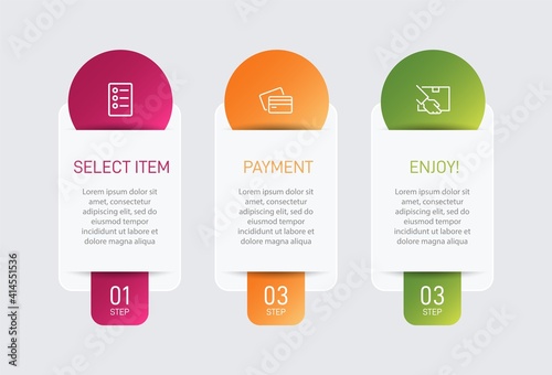 Concept of shopping process with 3 successive steps. Three colorful graphic elements. Timeline design for brochure, presentation, web site. Infographic design layout.