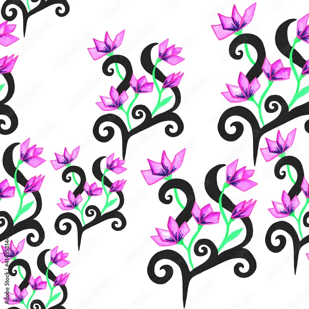 pattern of black wave lines with purple flowers and green leaves. Seamless watercolor pattern isolated on a white background.
pattern of black wave lines with purple flowers and green leaves. Seamless watercolor pattern isolated on a white background.