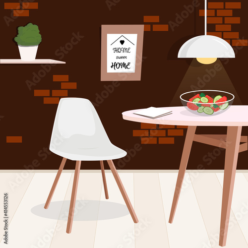 Dinner room moder design. Kitchen, close-up, coner. The concept of the evening meal, easy dinner, diet. A table with a book, a salad, and a chair next to it. Vector illustration