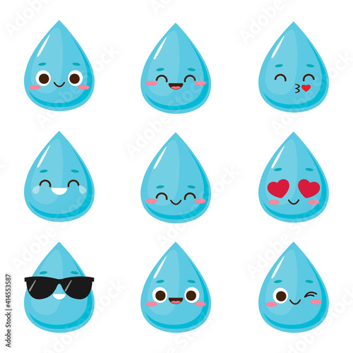Cute blue water drop character set