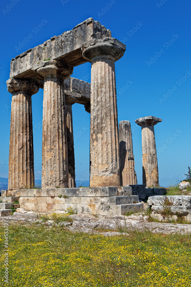 Greece, Corinth. Ruins of Temple of Apollo.