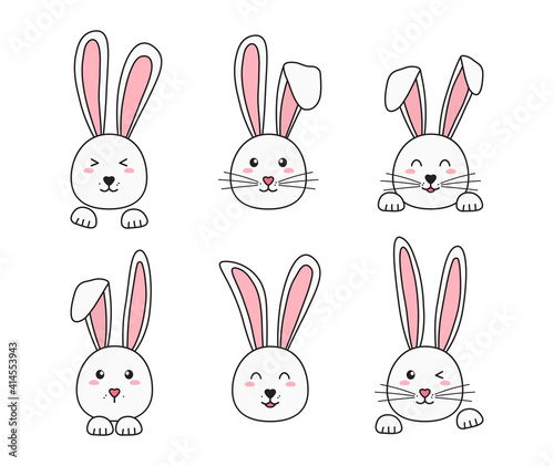 Easter bunny vector icon set  happy rabbits  cute hand drawn characters . Cartoon animal face. Funny illustration