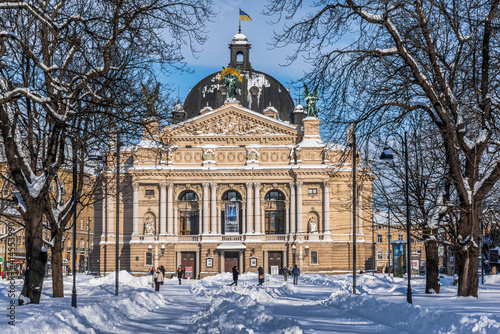 LVIV, UKRAINE - FEBRUARY 10, 2021: The Solomiya Krushelnytska Lviv State Academic Theatre of Opera and Ballet, snow on the squares.