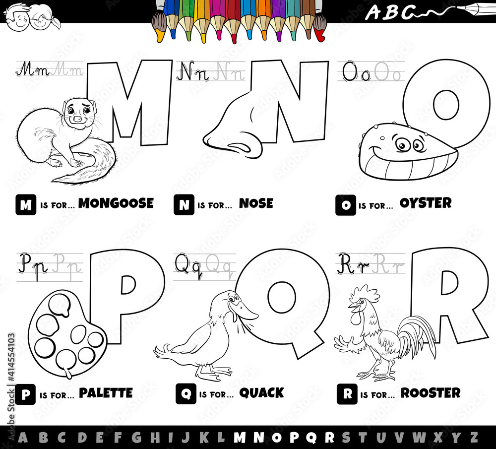 educational cartoon alphabet letters set from M to R color book page