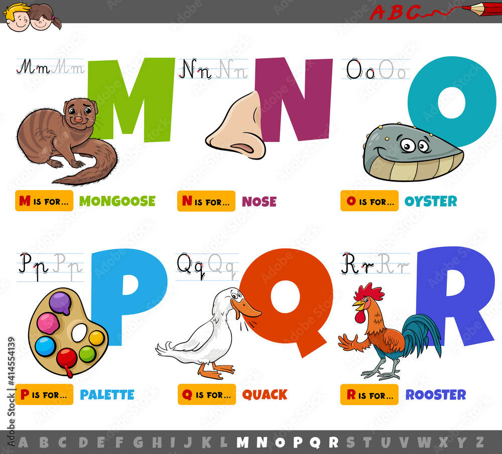 educational cartoon alphabet letters for kids from M to R