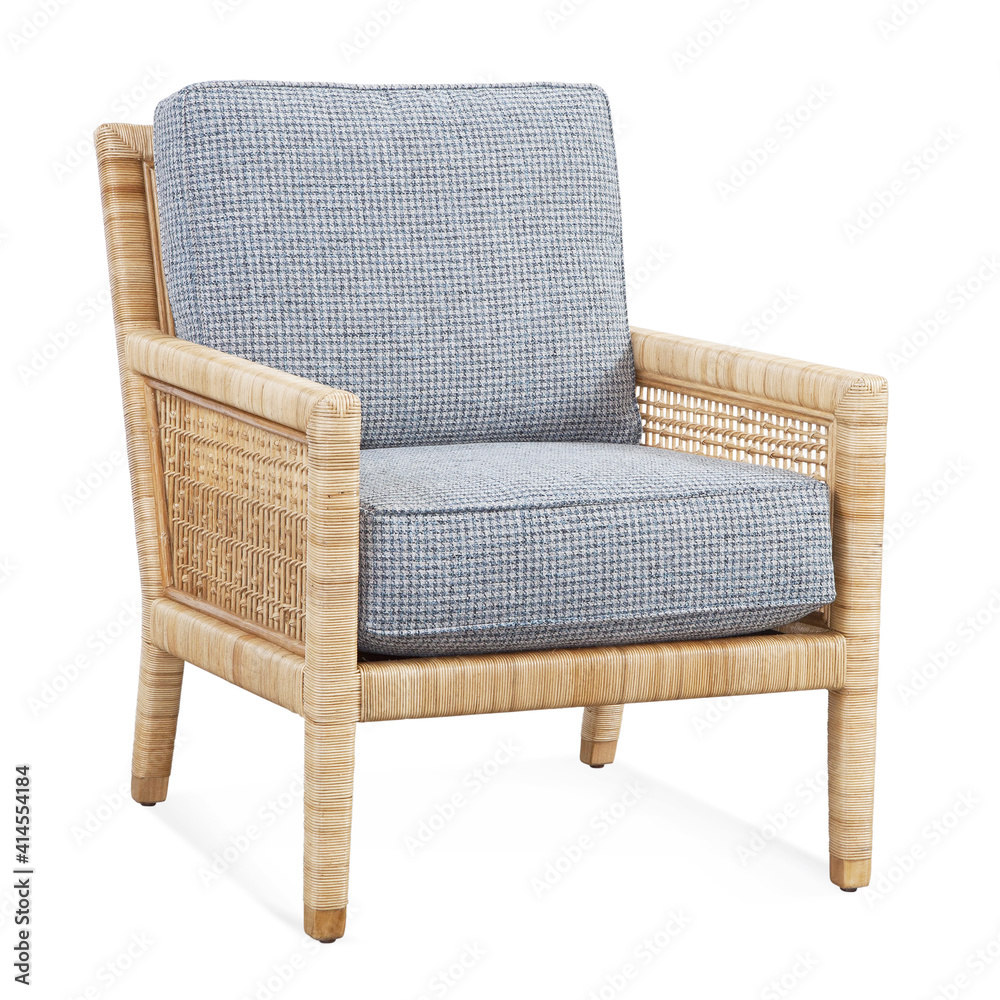 Small Space Living Room Wicker Accent Chair Isolated on White. Modern  Upholstered Polyester Blue Cushion Back and Set and Toss Pillows Rattan Arm  Chair. Wooden Armchair. Interior Furniture Stock Photo | Adobe