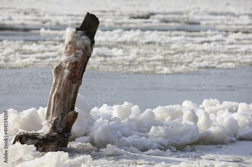 frozen river in winter, log in a frozen river, ice on the river, thaw, spring