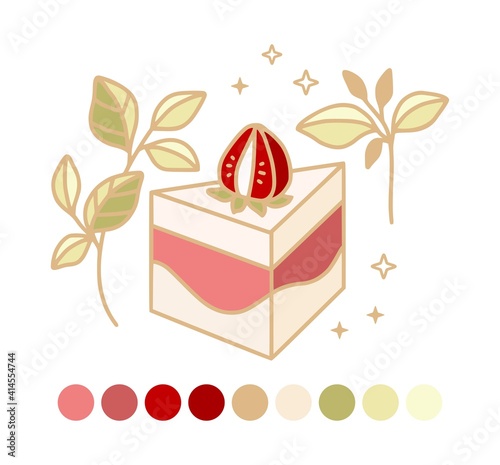 Hand drawn cake, pastry and bakery vector logo elements isolated on white background with floral leaf illustration, strawberry elements, and color pallete
