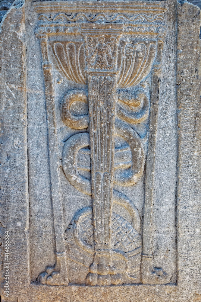 Turkey, Ephesus. Stone artwork in ancient city.